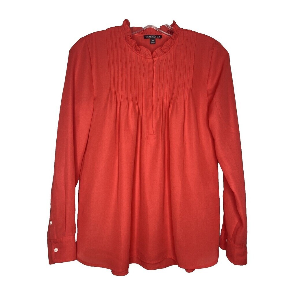 J.Crew Mercantile Top Women 00 Red Long Sleeve Pleated Button Chest Ruffle Top